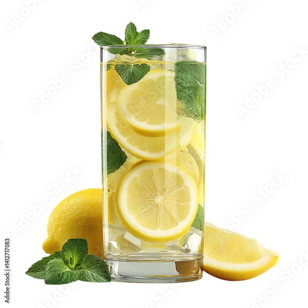 Fototapeta Lemonade in glass with sliced lemon and mint, isolated PNG format, transparent background, high-resolution, suitable for stock image use --v 7.0