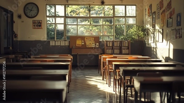 Fototapeta Empty Modern Classroom In the School Interior, Back to School Concept Book, Chair, table 3D Render.