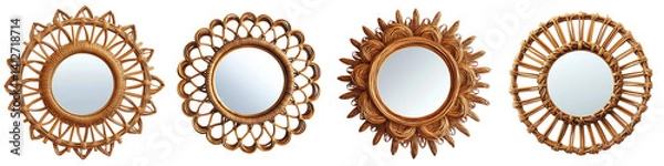 Fototapeta elegant wicker mirrors circular design crafted natural materials on transparent background