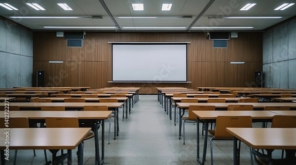 Fototapeta Empty Modern Classroom In the School Interior, Back to School Concept Book, Chair, table 3D Render.