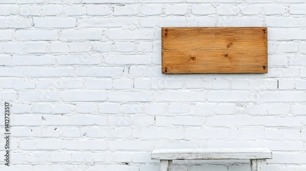 Fototapeta Empty signboard against a white brick wall, inviting personalized messages or advertisements, versatile space for creativity and communication