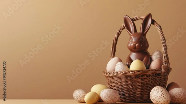 Obraz Festive Easter composition featuring chocolate bunny in a wicker basket with colorful speckled eggs