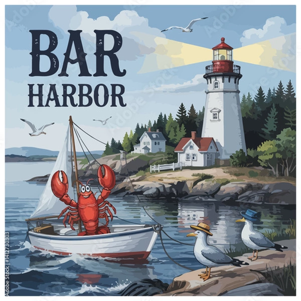 Obraz Bar Harbor Coastal Cartoon Vector
