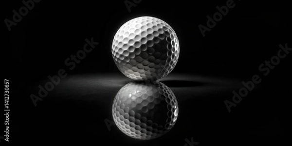 Obraz A single white golf ball rests on a dark reflective surface, creating a striking monochrome image.