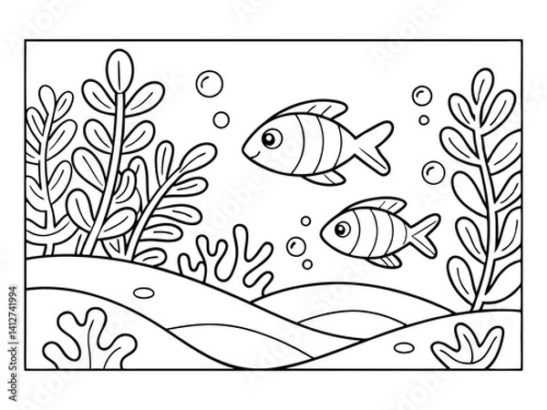 Fototapeta Coloring book page for adults. Underwater seabed with algae and corals, line art design, and fish