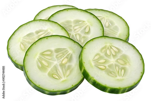 Fototapeta Fresh cucumber slices stacked isolated on transparent background