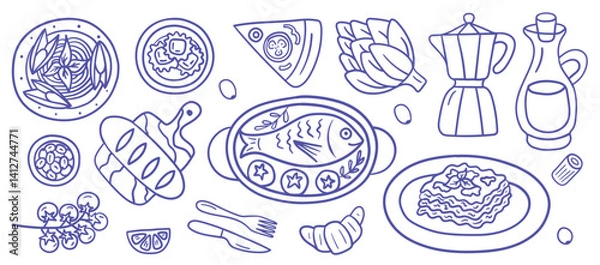 Fototapeta Hand-drawn ink-style Italian cuisine icons featuring lasagna, ravioli, fish, vegetables, wine, and classic tableware. Perfect for menus, packaging, culinary blogs, and food-themed designs.