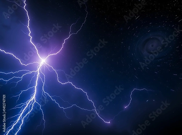 Fototapeta Dramatic Lightning Strike with Cosmic Spiral Galaxy in Dark Sky