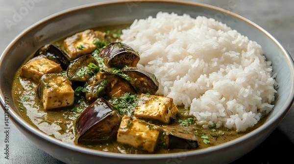 Fototapeta Thai green curry with tofu and eggplant, arranged in a deep bowl with rice and clean background