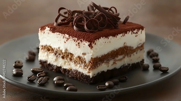 Fototapeta Tiramisu slice with layered cream and cocoa topping, plated with chocolate curls and coffee bean accents, soft light