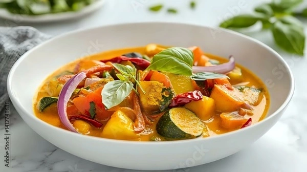 Fototapeta Vegetable coconut curry with turmeric and chili, plated in a white bowl with garnish and clean layout