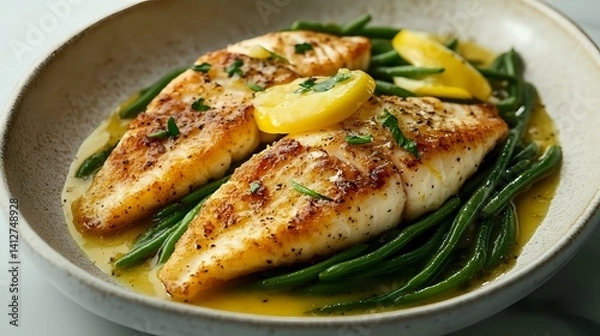 Fototapeta White fish meuniere with lemon butter sauce and sauted green beans, plated on a simple ceramic dish, vivid lighting