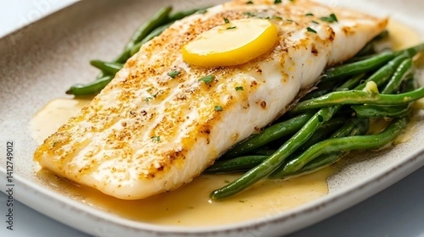 Fototapeta White fish meuniere with lemon butter sauce and sauted green beans, plated on a simple ceramic dish, vivid lighting