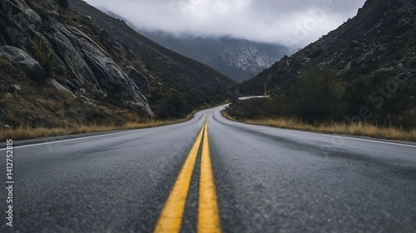 Fototapeta Open road with cloudy skies and rugged mountains in the distance creating a sense of adventure : Generative AI