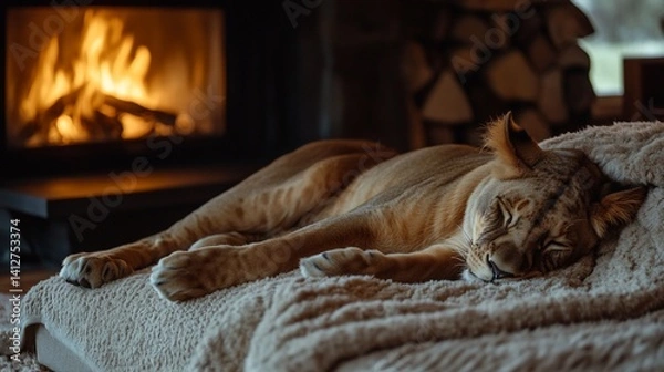 Obraz Majestic Lioness Sleeping Peacefully by a Cozy Fireplace in a Luxurious Home