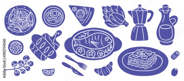 Fototapeta Collection of hand-drawn Italian food icons with dorado fish, lasagna, ravioli, vegetables, wine, coffee maker, and more. Created with ink-like lines for traditional culinary-themed designs.