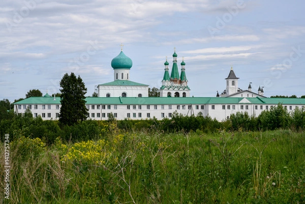 Obraz View of medieval cathedrals and churches of the Alexander Svirsky Monastery of 15th century in Karelia