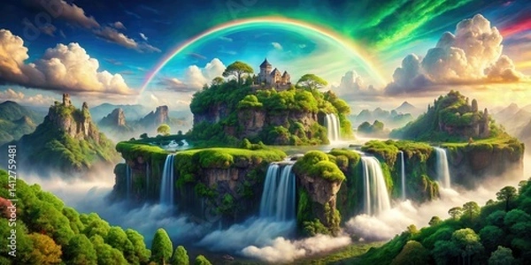 Obraz Floating islands drift beneath a rainbow sky, waterfalls plummeting into the iridescent waters below.