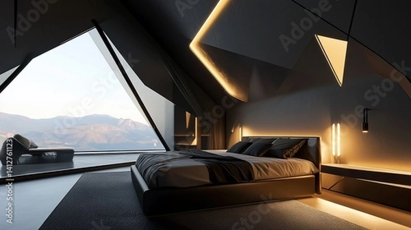 Obraz Sophisticated Bedroom Interior with Modern Design and Scenic Mountain View