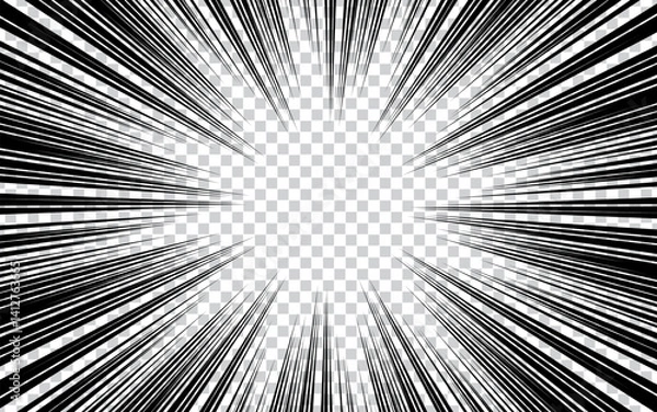 Fototapeta Abstract comic with radial lines on transparent background. Superhero design vector illustration. Manga frame with speed lines.