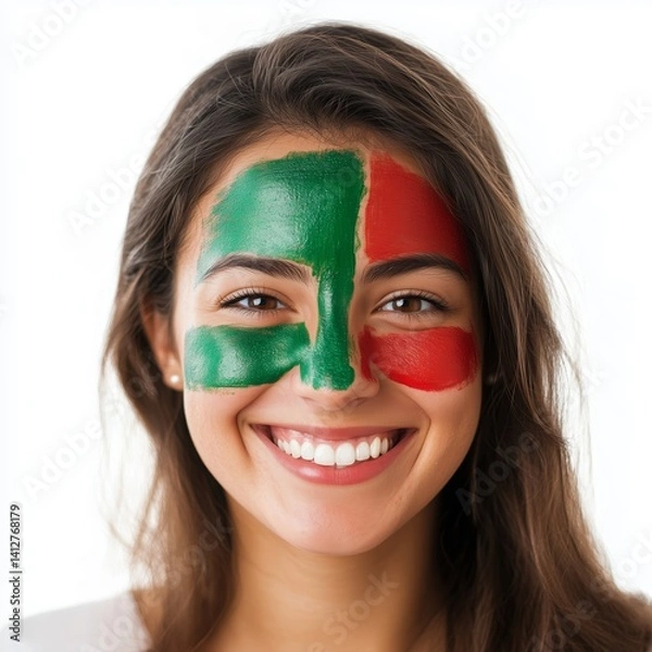 Fototapeta Happy young Portuguese woman with face painted in green and red, smiling joyfully while expressing cultural pride on white background 