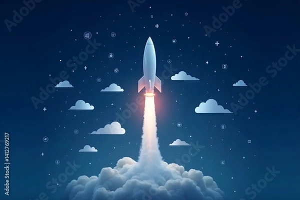 Fototapeta Digital Rocket Lift-Off Surrounded by Cloud Icons Representing Cloud Technology