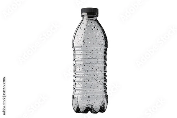 Fototapeta A transparent water bottle featuring condensation droplets, showcasing a clean and refreshing look. Perfect for hydration and fitness-themed projects.