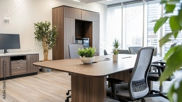 Fototapeta Modern and Stylish Office Interior Design Featuring Elegant Furniture and Greenery : Generative AI
