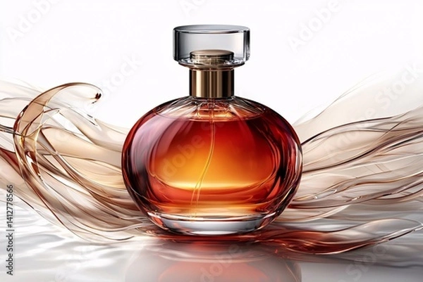 Fototapeta An exquisite perfume bottle with a warm amber hue, surrounded by gentle flowing waves, evoking luxury, allure, and sophistication in fragrance design.