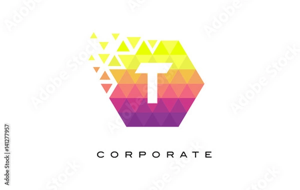 Fototapeta T Colorful Hexagonal Letter Logo Design with Rainbow Mosaic Pattern.