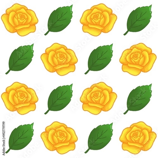 Fototapeta Green leaves, Yellow rose pattern background, plaid pattern, suitable for use as wallpaper, backdrop, postcard, back