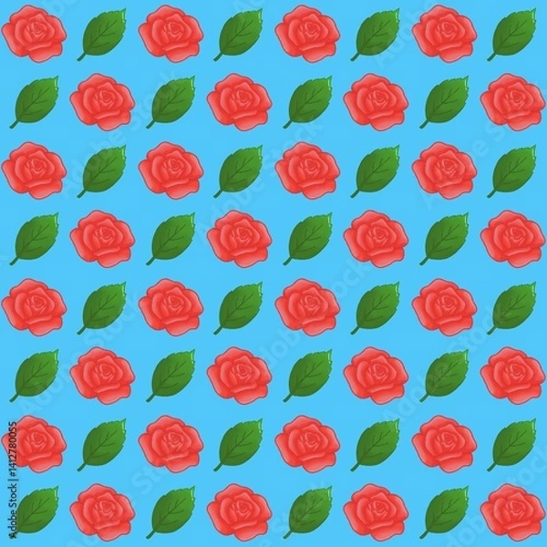Obraz Green leaves, Red rose pattern background, plaid pattern, suitable for use as wallpaper, backdrop, postcard, back