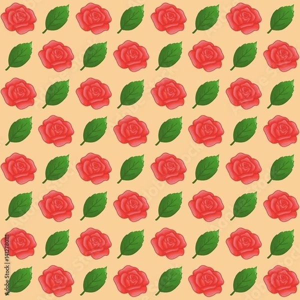 Fototapeta Green leaves, Red rose pattern background, plaid pattern, suitable for use as wallpaper, backdrop, postcard, back