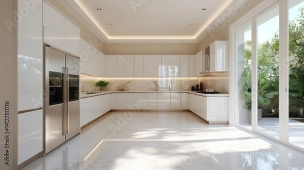 Fototapeta Bright and spacious kitchen featuring a U-shaped layout with light-colored cabinetry and stone countertops, complemented by generic appliances. Natural light streams in through large windows