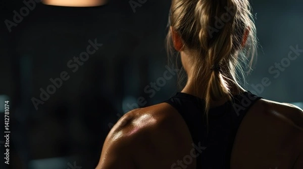 Obraz Close - up of a muscular blonde woman in a black tank top, seen from behind against a dark gym background. Her fit figure and the gym setting are prominently shown.