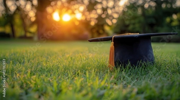 Fototapeta A black graduation cap with a golden tassel resting on lush green grass during sunset, symbolizing achievement and new beginnings.
