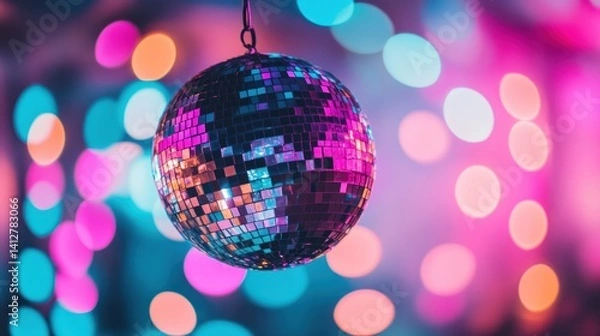 Fototapeta Shining Disco Ball Reflecting Vibrant Colorful Lights and Party Atmosphere