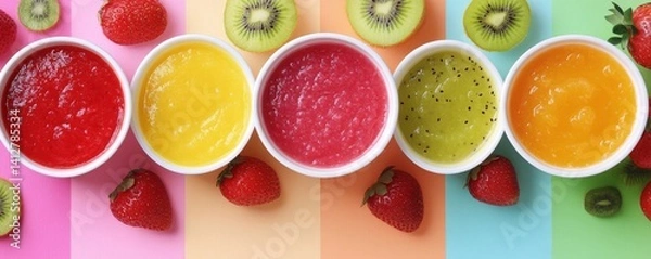 Obraz An overhead view displays four bowls with assorted foods, namely cereal, fruit salad, creamy sauce, and orange puree