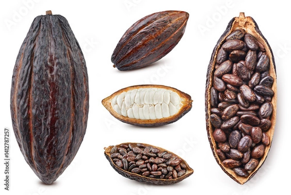 Obraz Cocoa set Clipping Path. Cocoa and half isolated on white background with clipping path