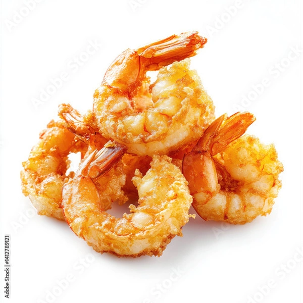 Fototapeta A close up shot of a small pile of crispy fried shrimp on a white background plate