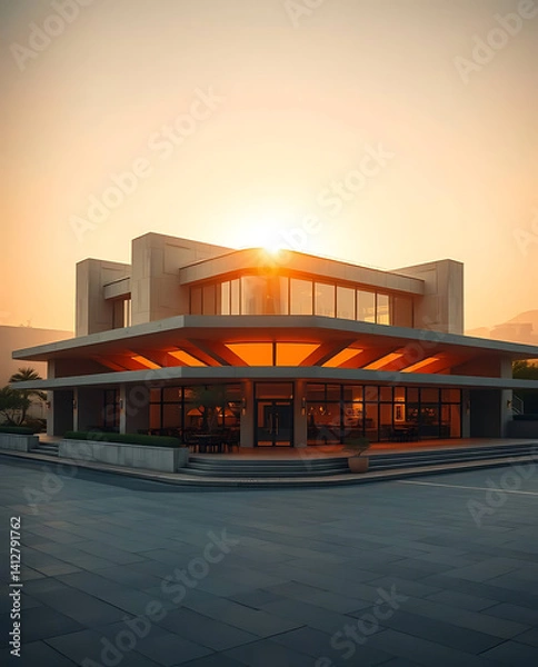Fototapeta cool futuristic brutalism building design for a restaurant, created by generative ai