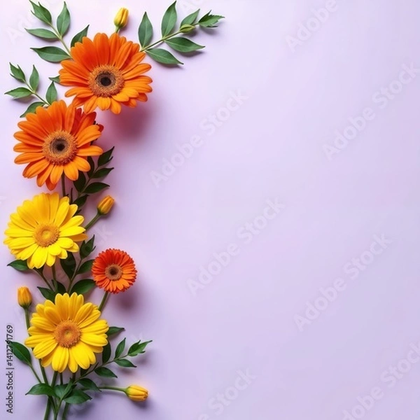 Fototapeta Bouquet of flowers placed on the left on a light purple background with space for text. Banner, top view, flat lay
