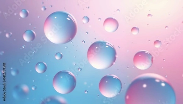 Fototapeta Macro oil drop floating on water surface. Abstract light purple water bubbles background. Cosmetic liquid beauty product. Colorful art background