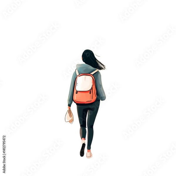 Obraz Stylized Illustration: A woman with a backpack walking forward, isolated background