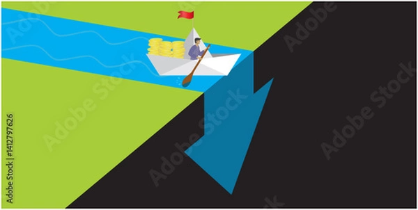 Fototapeta Man in economic crash. Sailing in fragile boat with lots of money in it and going down. Dimension 16:9. Vector illustration.