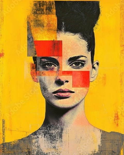 Fototapeta A woman stands confidently, her face adorned with a vibrant abstract painting featuring bold colors and swirling patterns, creating a striking contrast against her natural skin tone.