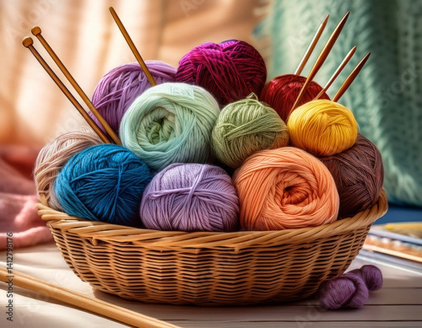 Obraz A collection of colorful knitting yarn and needles rests in a basket, suggesting a comforting hobby and a handmade gift from the heart.
