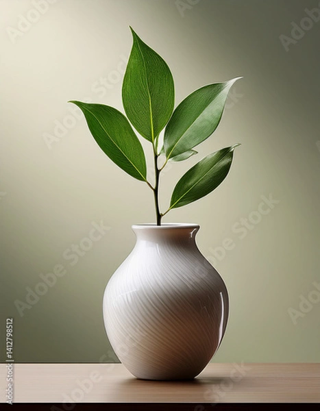 Fototapeta A simple vase holds a single stem with unfurling leaves, symbolizing new beginnings, growth, and the continuous journey of motherhood.