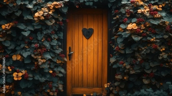 Obraz Rustic wooden door adorned with lush greenery