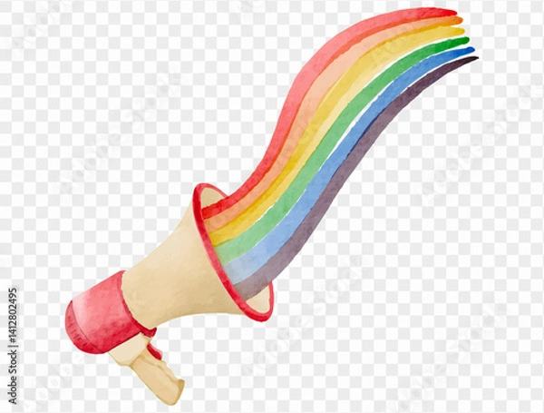 Fototapeta Elegant megaphone with smooth rainbow stream in watercolor, symbolizing unity, harmony, and a message of love.vector
